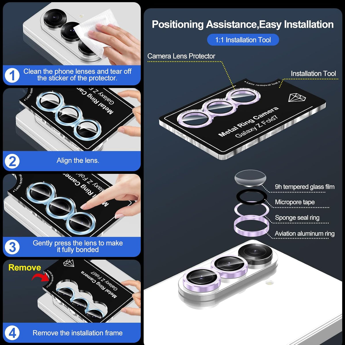 for Samsung Galaxy Z Fold 7 Camera Lens Protector, Individual Metal Ring Tempered Glass Lens Cover, [Strong Adsorption] Scratch Resistant Ultra-Thin HD Clear Lens Cover, 1 Set-Purple