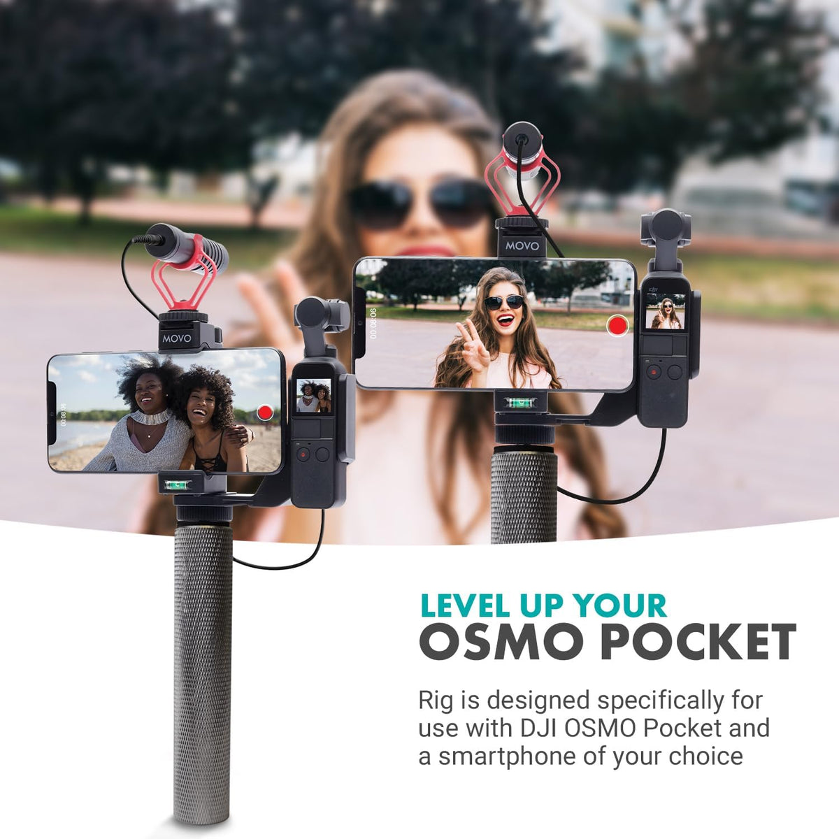 Movo Video Rig Compatible with The DJI OSMO Pocket 1, 2 - Includes Universal Smartphone Mount, Grip Handle, and 2 Cold Shoes for Mounting Microphone, Light - OSMO Pocket Microphone and Video Rig