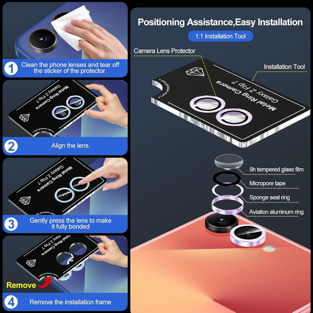 for Samsung Galaxy Z Flip 7 Camera Lens Protector, Individual Metal Ring Tempered Glass Lens Cover, [Strong Adsorption] Scratch Resistant Ultra-Thin HD Clear Lens Cover, 1 Set-Purple
