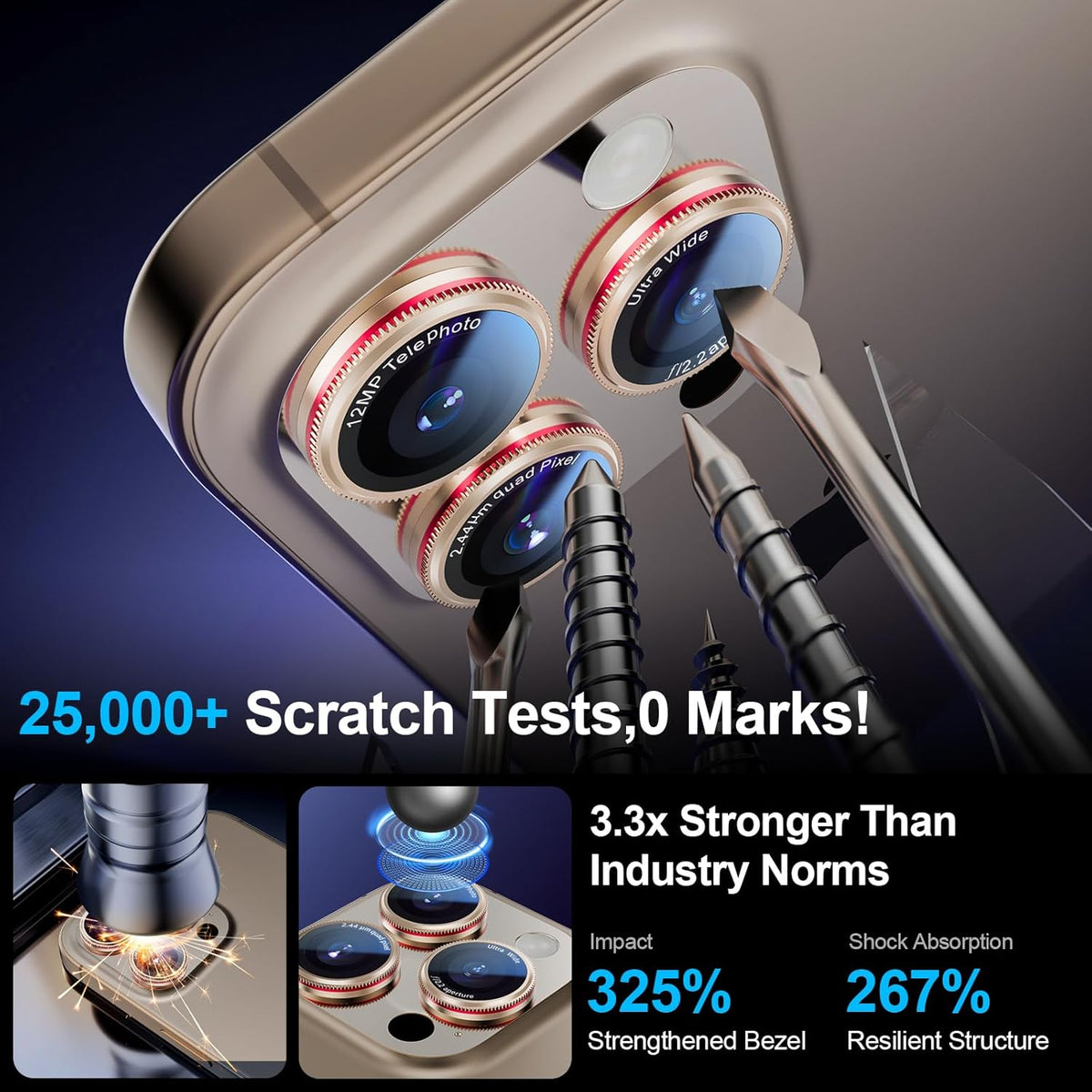 X-it 2 Pack Camera Lens Protector, Shatterproof Anti-Scratch Ultra HD Camera Protector, Anti-Glare Tempered Glass Lens Protector for iPhone 16 Pro Max/16Pro/15 Pro Max/15Pro/14 Pro Max/14Pro,GoldenRed