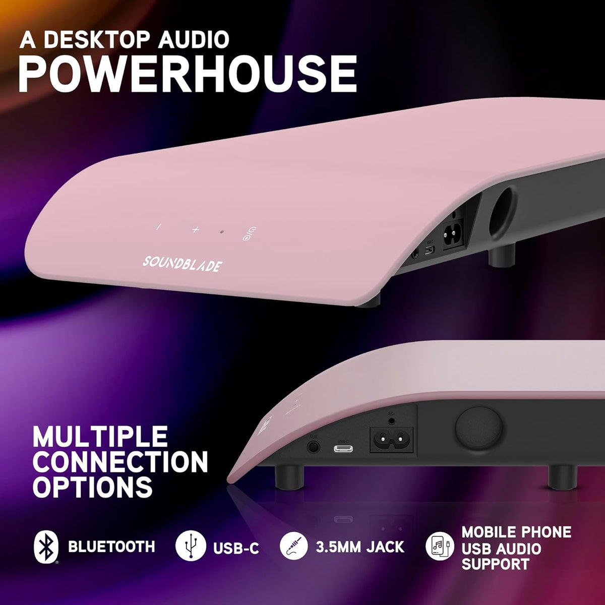 BlueAnt Soundblade Under Monitor Soundbar, Powerful 120 watt, 2.1 Channel USB-C, Bluetooth 5.3 Desktop Speaker for PC, Mac for Streaming Content, Music and Gaming. (Pink)
