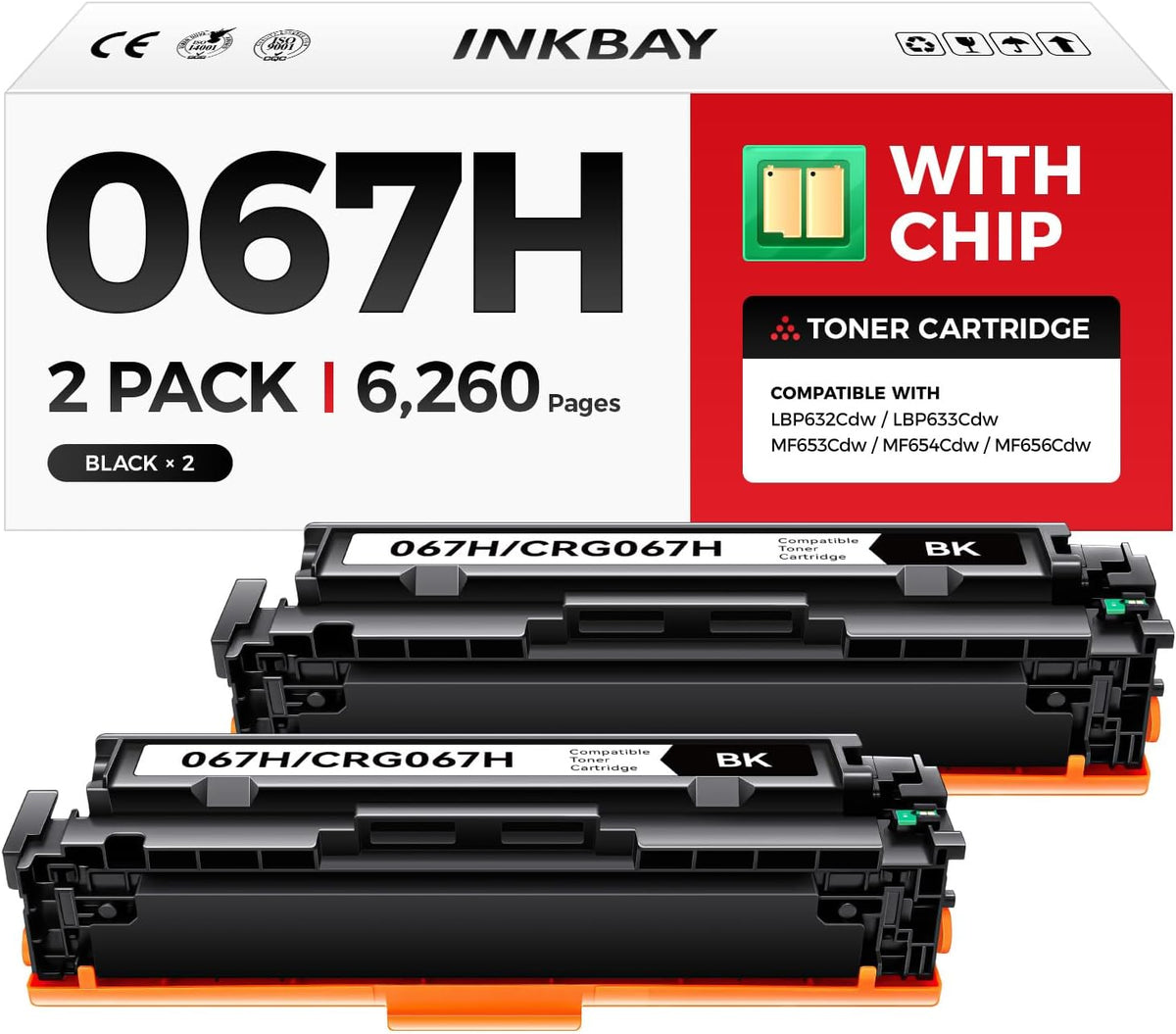 067H Toner Cartridge Black 2-Pack with Chip High Capacity Replacement for Canon 067 067H Toner Compatible with Color ImageClass LBP633Cdw LBP632Cdw MF652Cdw MF653Cdw MF654Cdw MF656Cdw Laser Printer