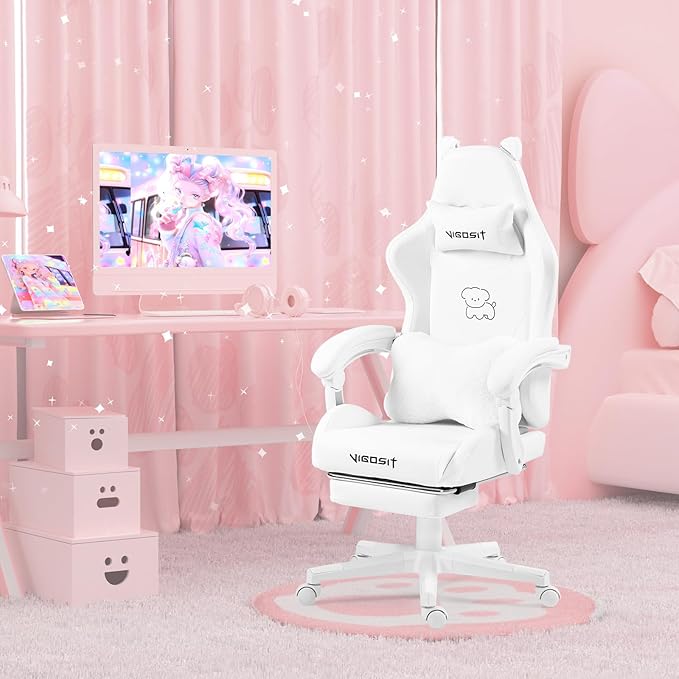 VlGOSlT Cat Ear Gaming Chair with Footrest - Adjustable Lumbar Support 310lbs Capacity.Removable Cute Ears Cotton-Filled Ergonomic Computer Chair for Girls/Teens (White)