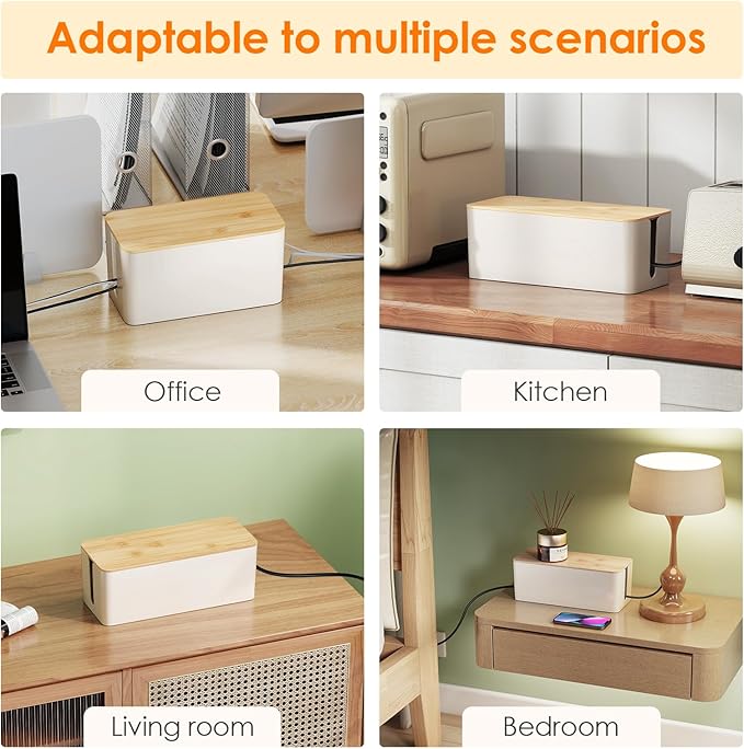 Delamu 2 Pack Cable Management Box Wooden, Wood Box with Lid Safe ABS Cord Hider Box Medium and Small Cable Organizers for Cords, Cable Raceways Power Strip Cover Box Baby Pet Proof for Home Office