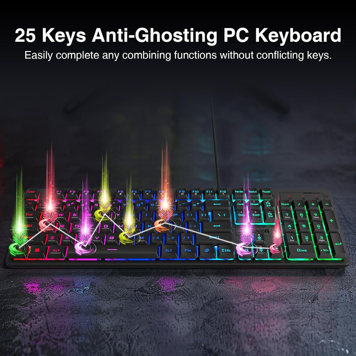 Redragon S107 Gaming Keyboard and Mouse, RGB Gaming Keyboard and 3200 DPI Mouse Combo with Large Mouse Pad, 25-Key Anti-Ghosting, Mechanical Feeling Keyboard, Plug & Play to PC, Laptop