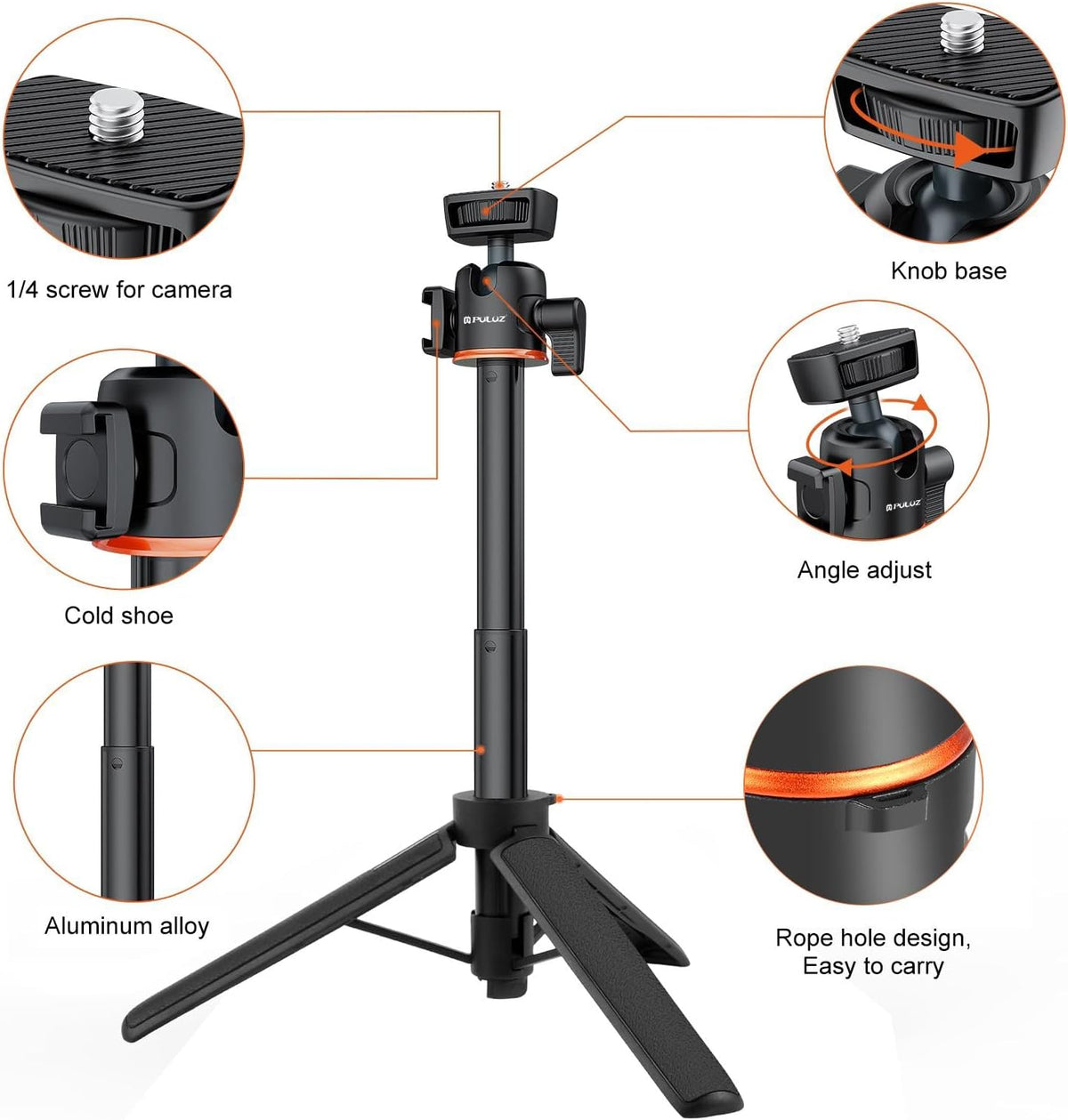 360 1/4 Inch 13 12 11/DJI 5 4 3/Insta360 PULUZ Camera Tripod Stand, Mini Desktop Aluminum Selfie Stick with Cold Shoe