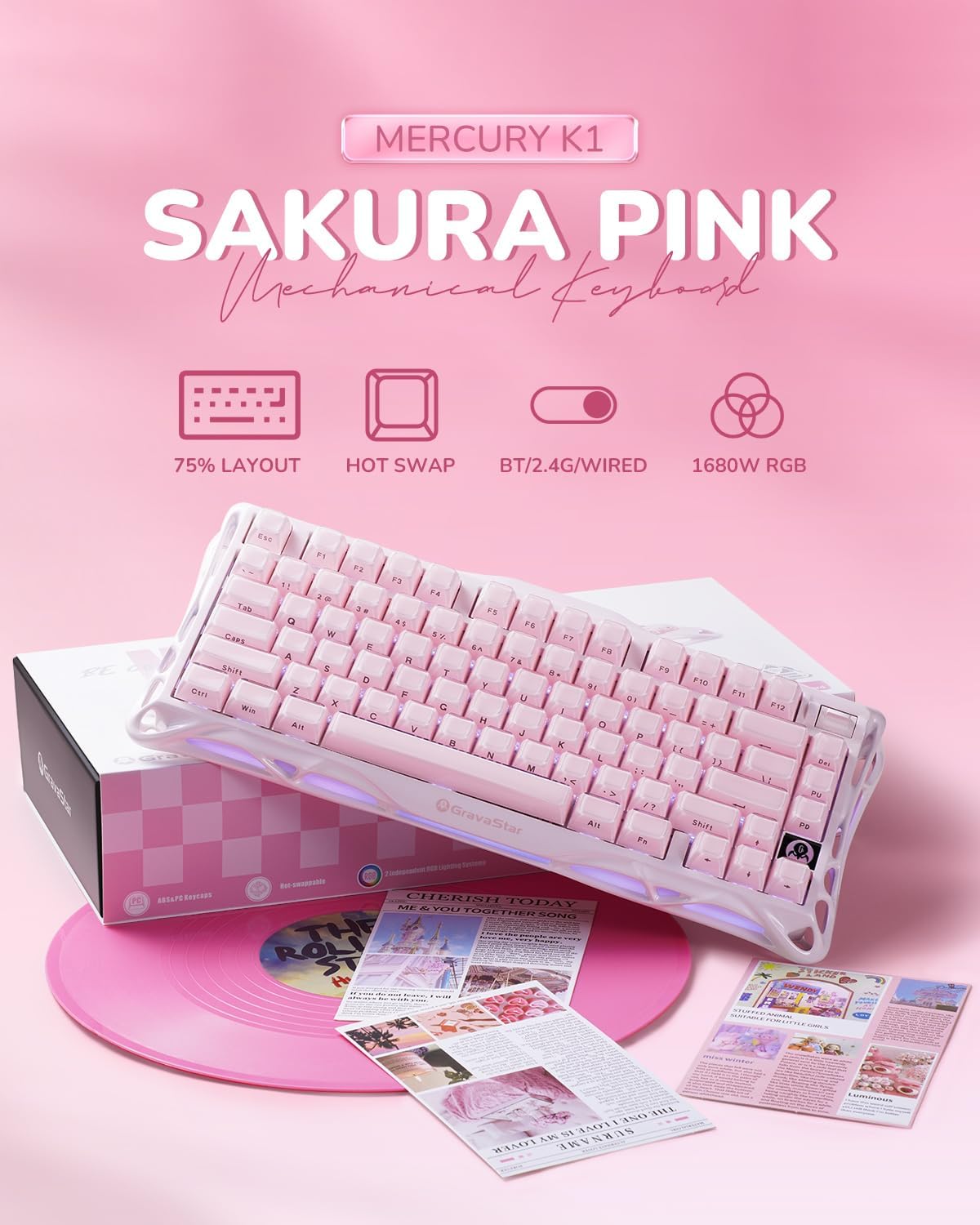 GravaStar Mercury K1 75% Pink Wireless Keyboard, Aluminum Alloy Exoskeleton Design Mechanical Gaming Keyboard, Gasket Hot-Swap Socket, Linear Switches, RGB Backlit