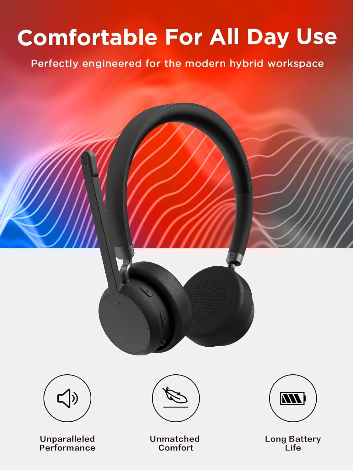 Lenovo Wireless Stereo Headset, Noise Cancelling Mic, Bluetooth 5.3 Multipoint, 31-Hour Talk & 60-Hour Playback, Lightweight 138g, Replaceable Earcups Over-Ear Comfort, Gaming, Office, & PC Use