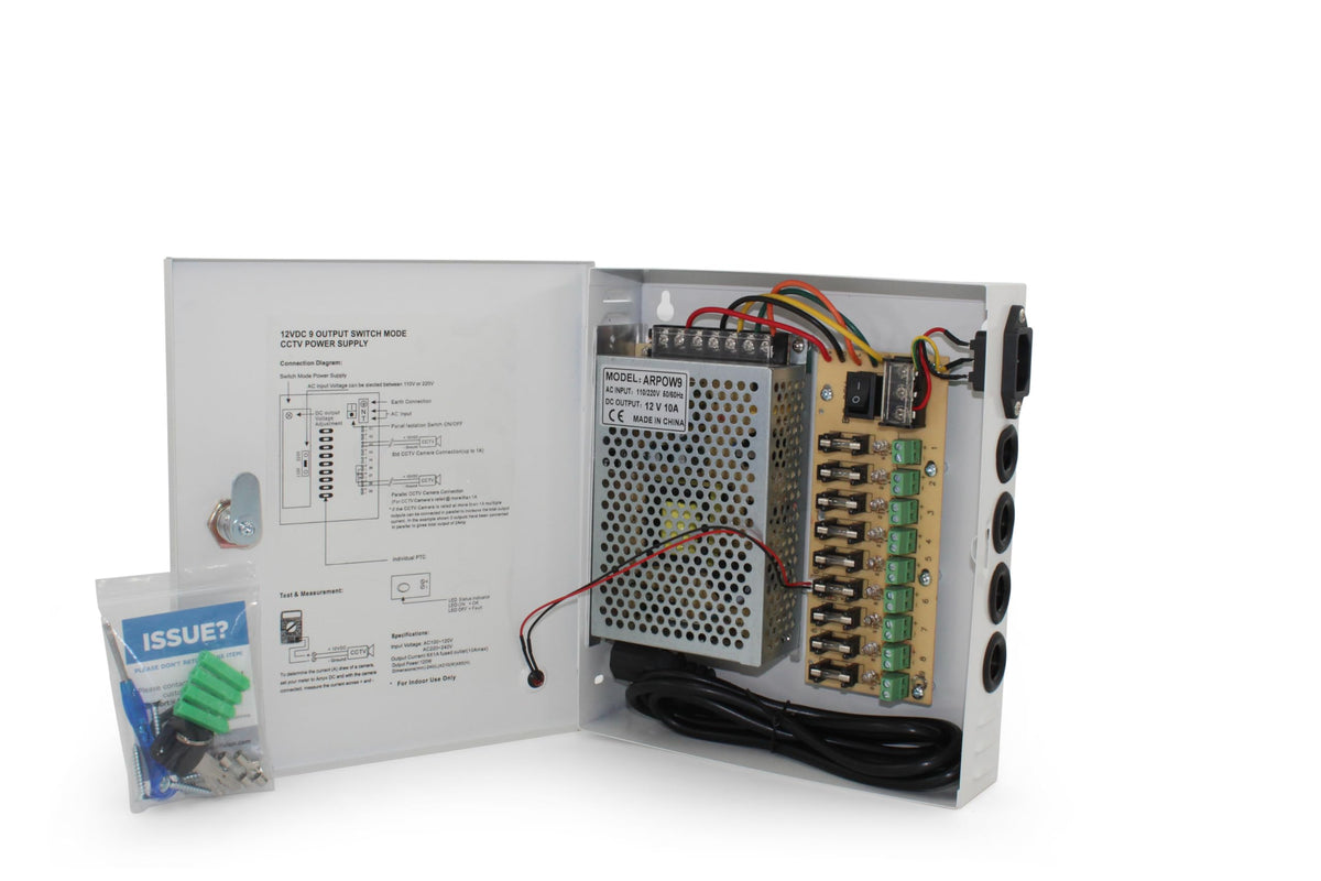 Ares Vision 9 Channel/Port 10 AMPS, 12V DC Power Supply Box, Individually Fused for CCTV, LED, and All 12v DC Devices. Includes Screw Drivers & Extra