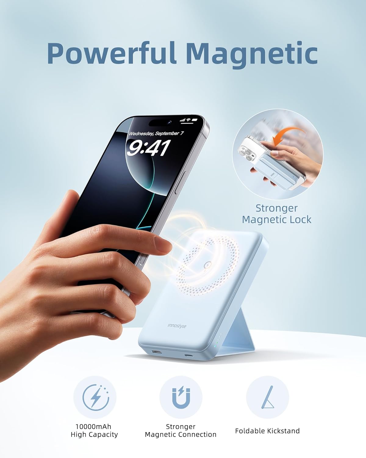 10000mAh Magnetic Wireless Power Bank with Foldable Stand, 3-in-1 MagSafe Charger 20W Fast Charging Compatible with iPhone 16/15/14, AirPods, Samsung Devices | Blue