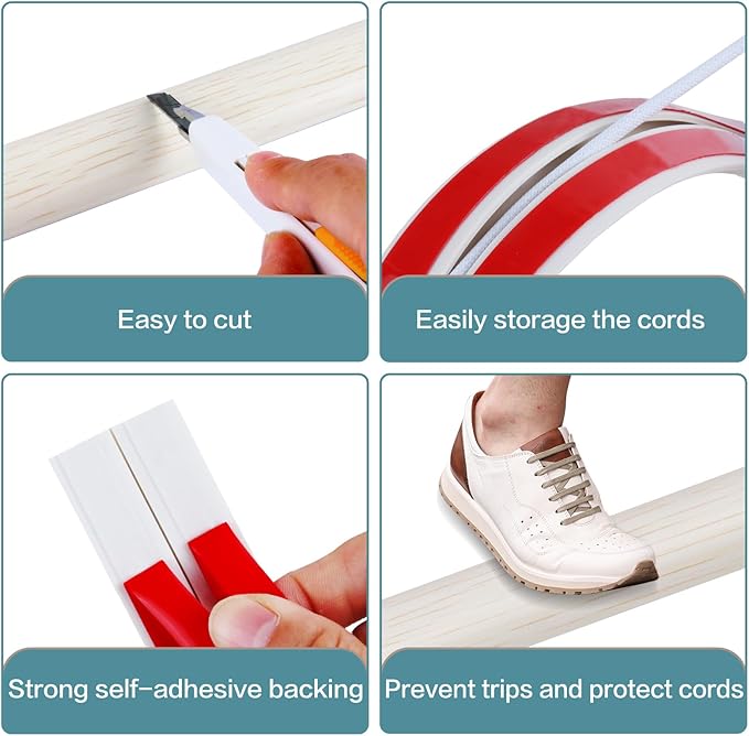 Floor Cord Cover Self Adhesive Cord Hider Floor Extension Cord Covers for Floor Power Cord Protector Cable Management Prevent Cable Trips Cable Cavity 0.51" W x 0.31" H (Beige Wood, 3.3Ft)