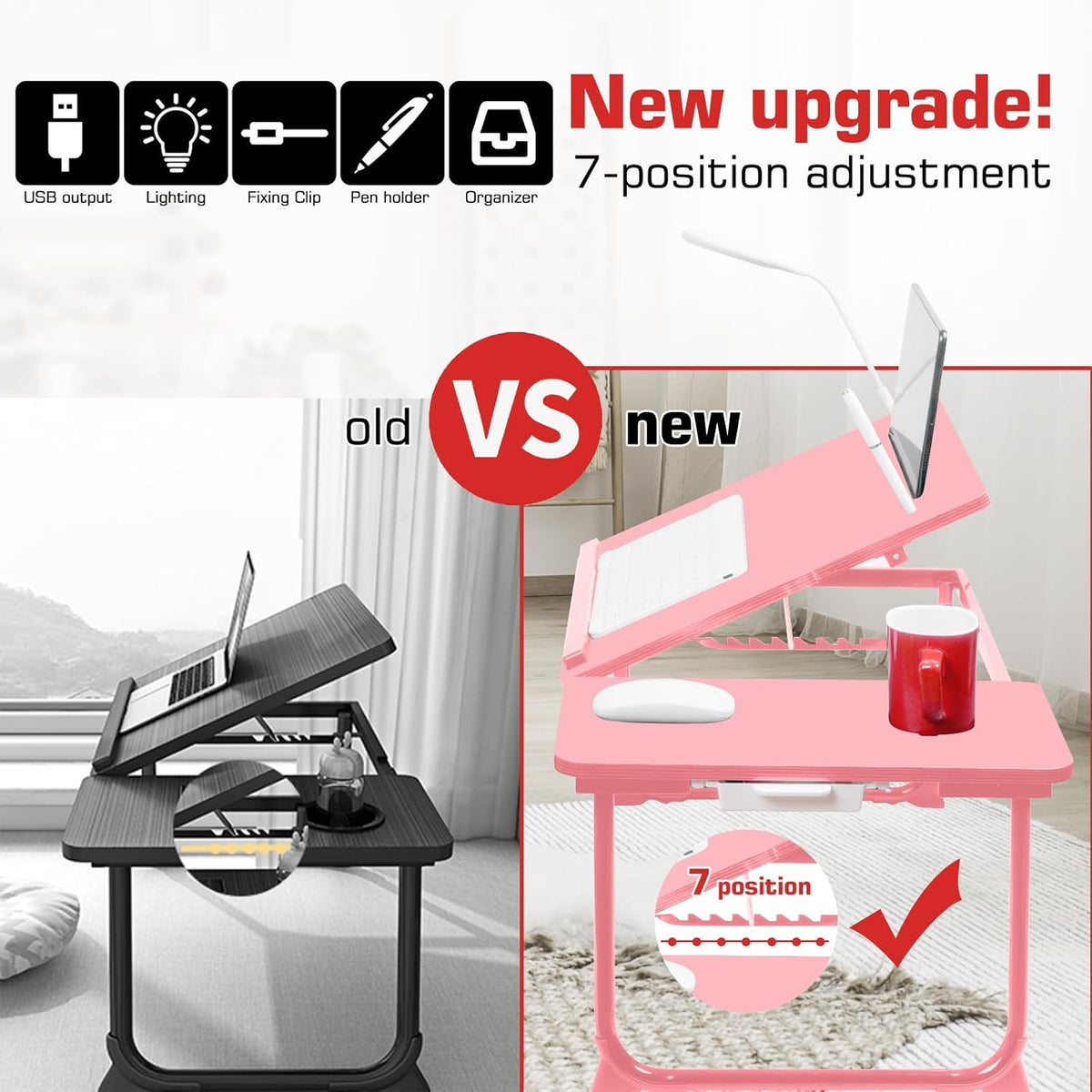CloudTrip Plus XL Adjustable 17in Laptop Desk with Light, USB Port, iPad Holder, Drawer Storage - Larger 23.6IN Adjustable Lap Desk for Bed, Home Office, Breakfast Tray, Fordable Legs Desk (Pink)
