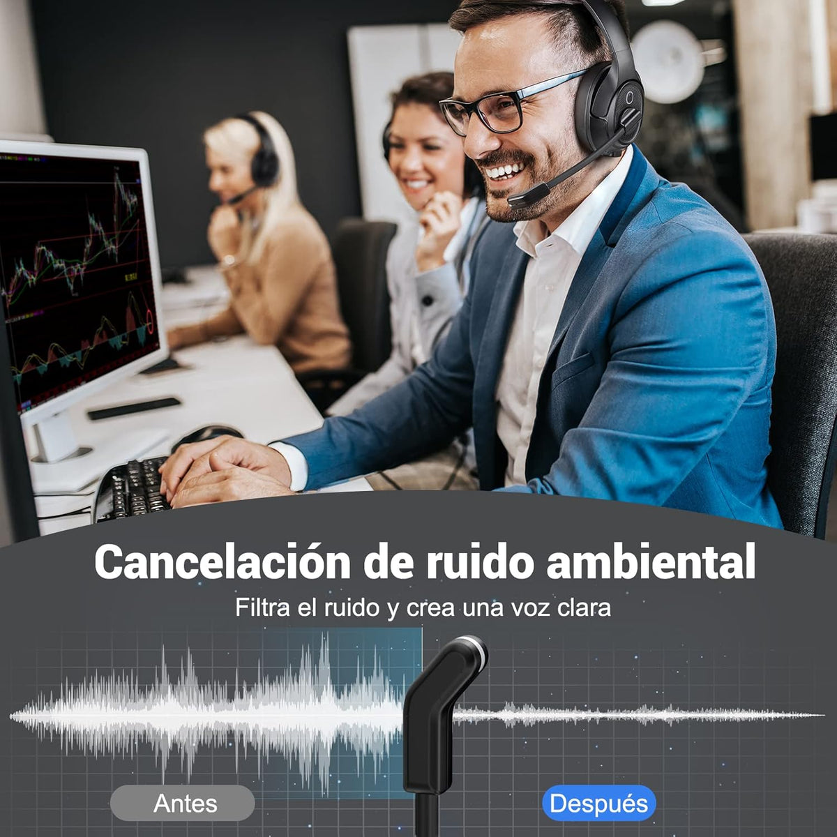 Bluetooth Headset for PC, Wireless Computer Headphone with AI-Powered Environmental Noise Cancelling Microphone & 2.4G USB Dongle, 55H Playtime, Over Ear Comfort Office Headset for Work, Laptop, Zoom