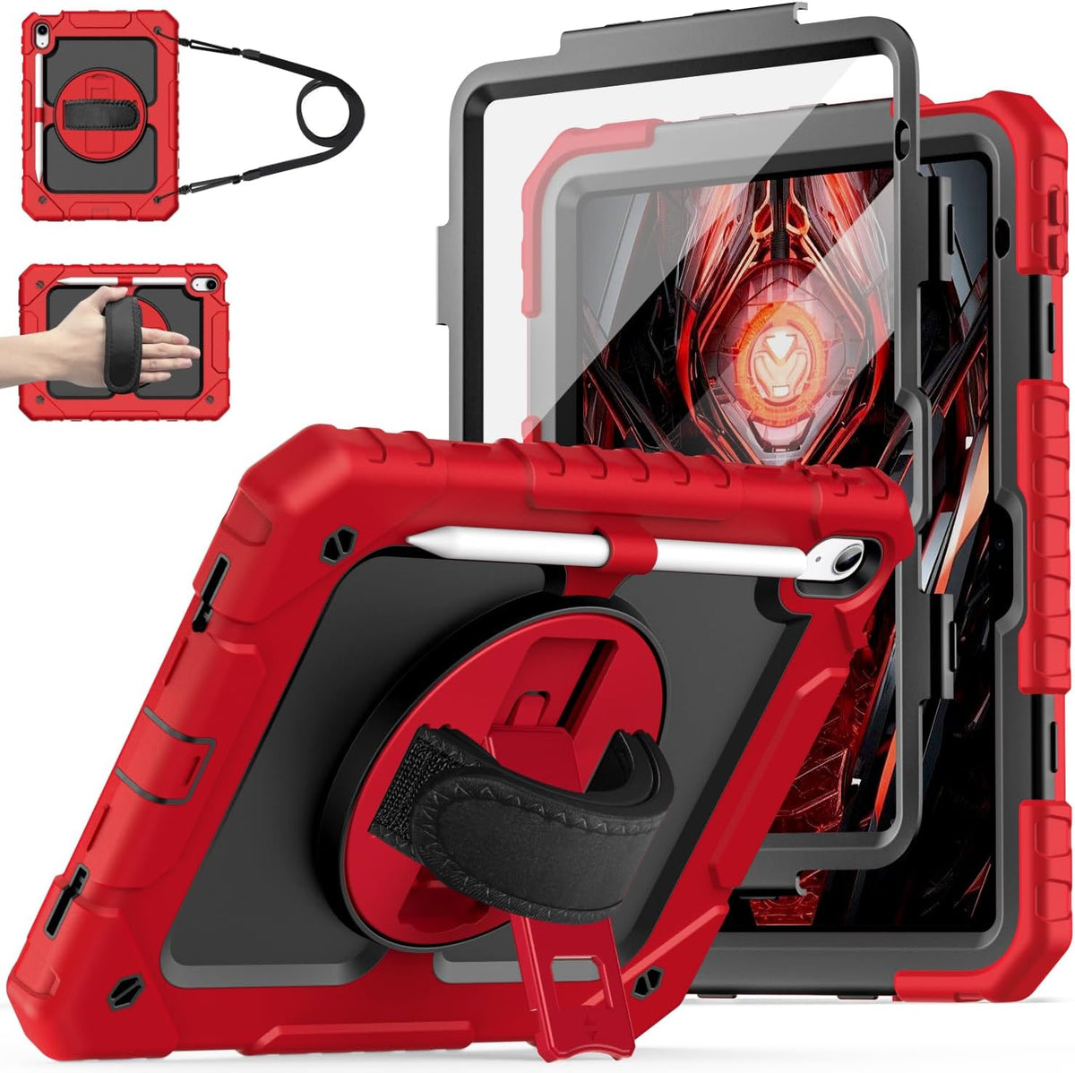 Cantis Case for iPad 11-inch (A16) 2025/ iPad 10th Generation 2022 (10.9 inch) with Screen Protector, iPad 11th Case with 360 Degree Rotating Stand/Shoulder Strap/Pencil Holder, Red