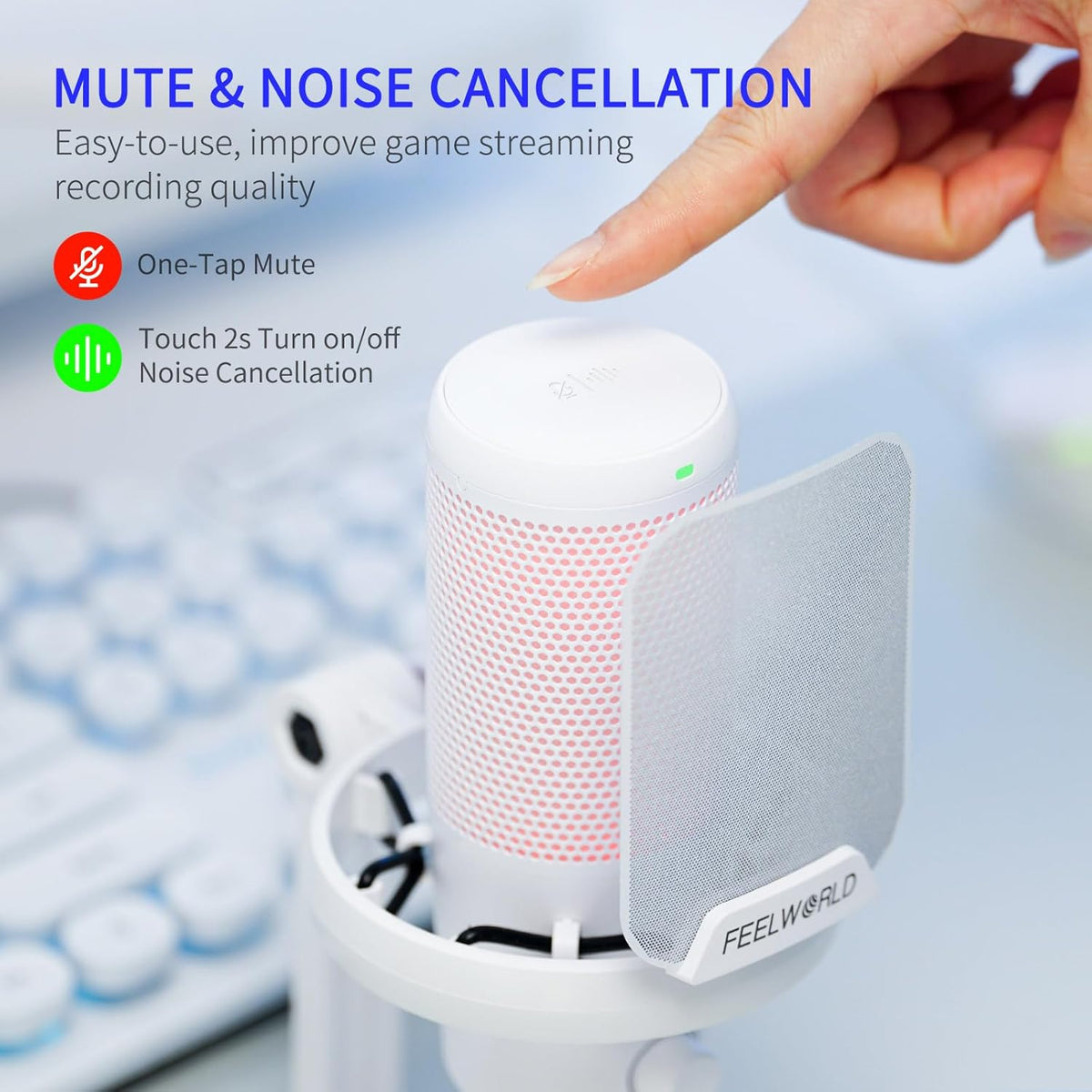 FEELWORLD VM1 White Gaming PC USB Microphone Condenser Mic with Noise Cancellation Mute RGB Light, Computer Accessories Gifts for Gamer YouTube Twitch Podcast Streaming Recording Online Chat PS4 PS5