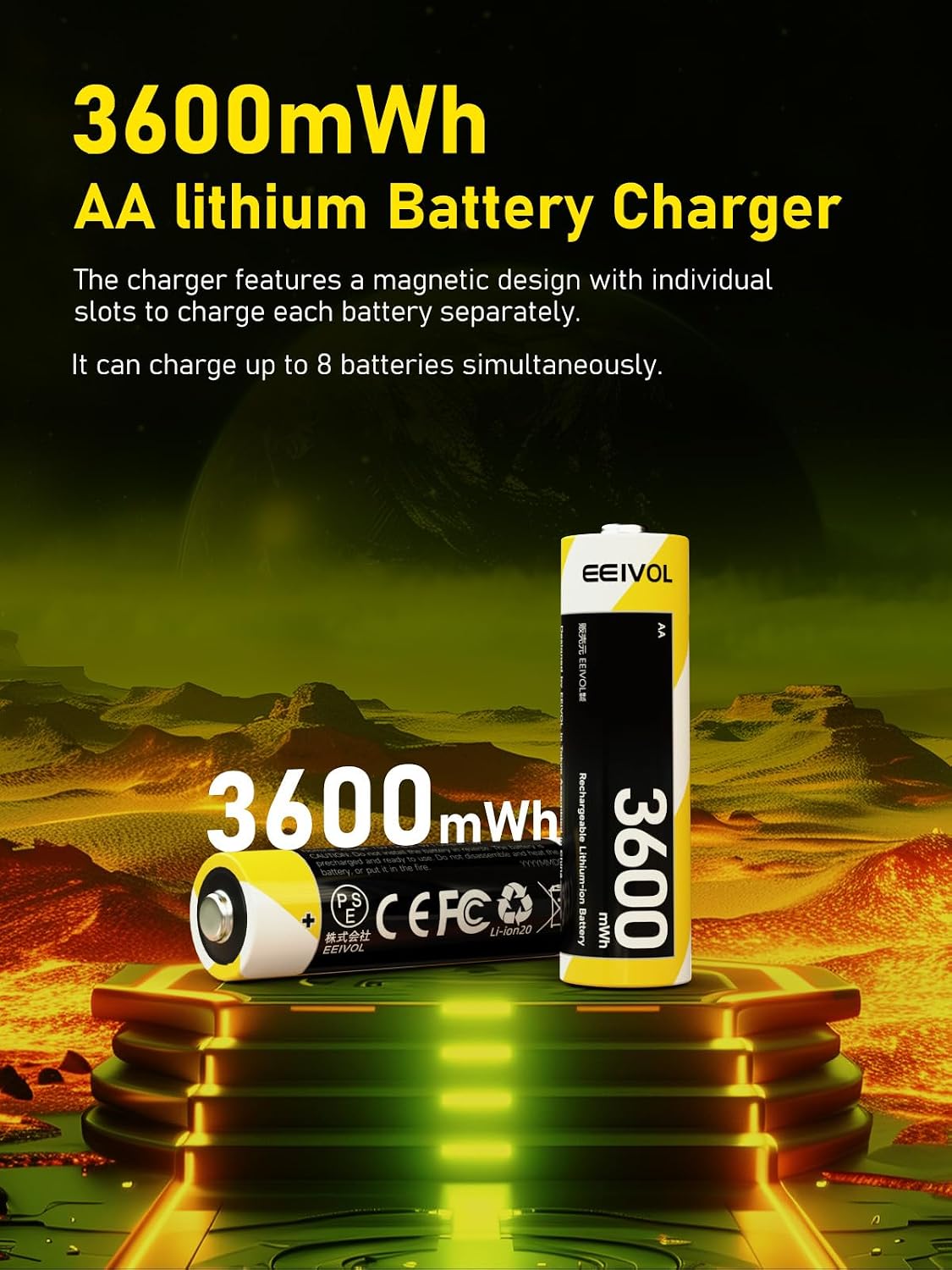 GrnOas.E 8 Pack 1.5V 3600mWh, 350mA, IP67 Rechargeable AA Batteries & Fast Charger, Integrated Charging Box