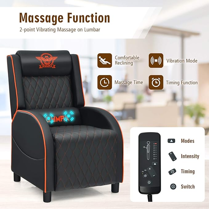GYMAX Massage Gaming Recliner Chair Ergonomic Racing Style Single Sofa with Adjustable Headrest Backrest &amp Footrest Home Theater Sofa for Living Room Office (Orange)