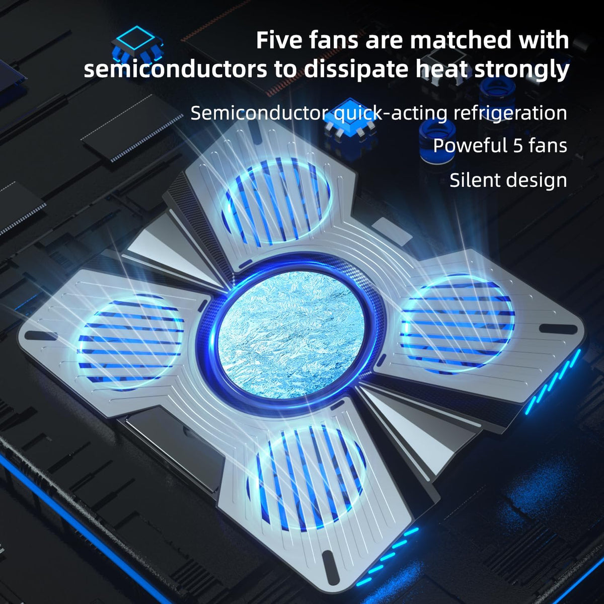 Thermoelectric Laptop Cooling Stand with 5 Fans - Adjustable Height for Laptops up to 19", Compatible with MacBook, Alienware, ROG & Gaming Laptops