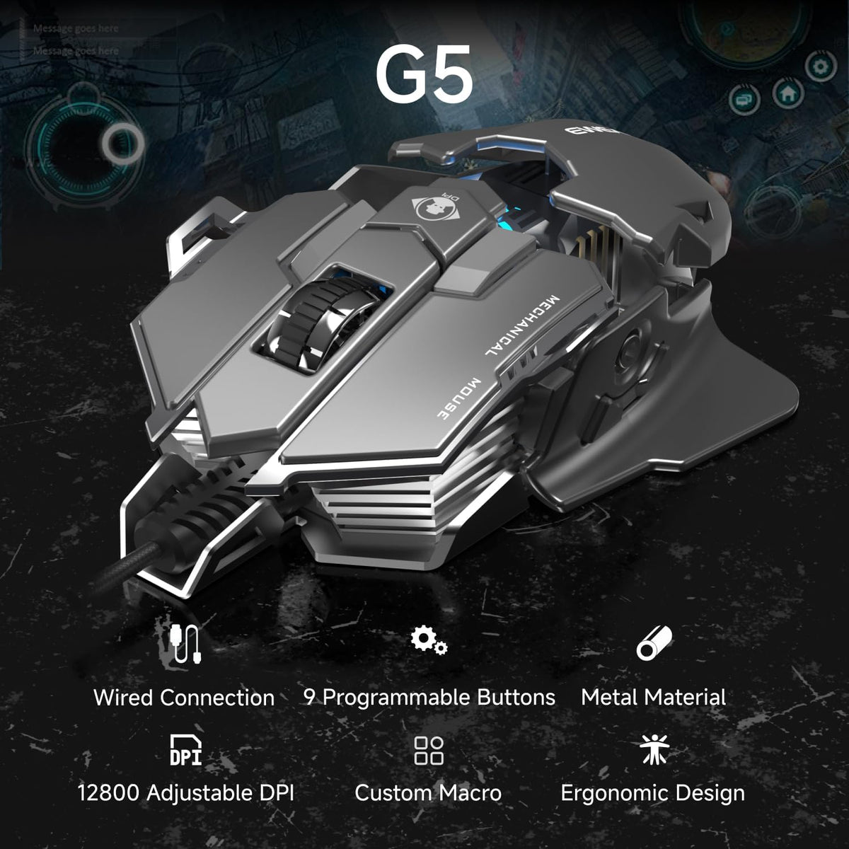 EWEADN G5 Wired Gaming Mouse, Ergonomic RGB Computer Mouse, 12800 Adjustable DPI, 9 Programmable Macro Buttons with Rapid Fire Key Compatible for PC/Laptop/Windows-Grey&White