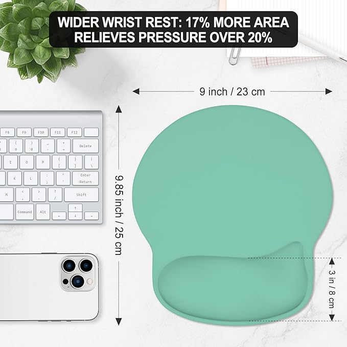 ITNRSIIET Ergonomic Mouse Pad with Wider Memory Foam Wrist Rest +17%, Curved Cushion Reduces Pressure 20%, Pain Relief, Non-Slip, Smooth, Cute Color Desk Accessory, 9.85 x 9 inch, Mint Green