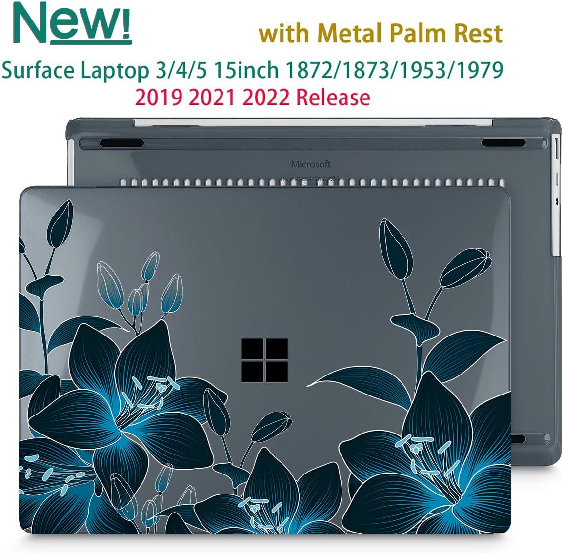 Tuiklol Case for 15 Inch Microsoft Surface Laptop 5/4/3 2022-2020, Model 1979/1953/1872/1873 Hard Shell Cover, Keyboard Cover+Screen Protector+Dust Plugs,Black Lilies Flowers