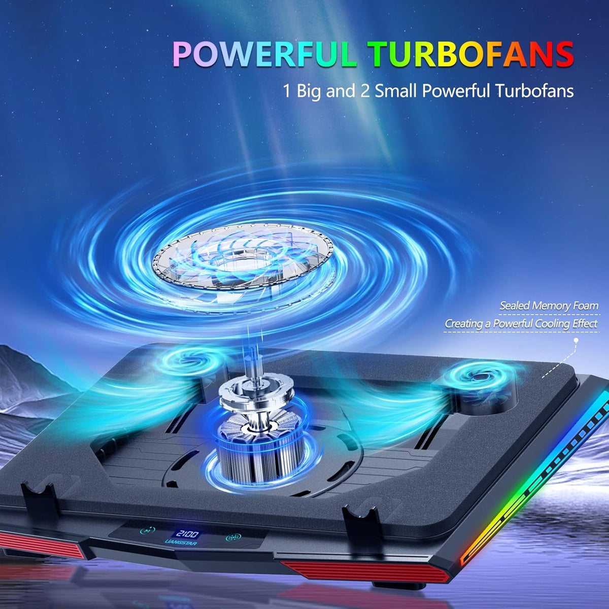 LIANGSTAR Gaming Laptop Cooling Pad, RGB Laptop Cooler with 3 Powerful Turbofans, 5 Height Adjustable Laptop Cooling Stand, 5 Fan Speed Touch Control, Seal Memory Foam for Cooling 12-19.3 inch Laptop