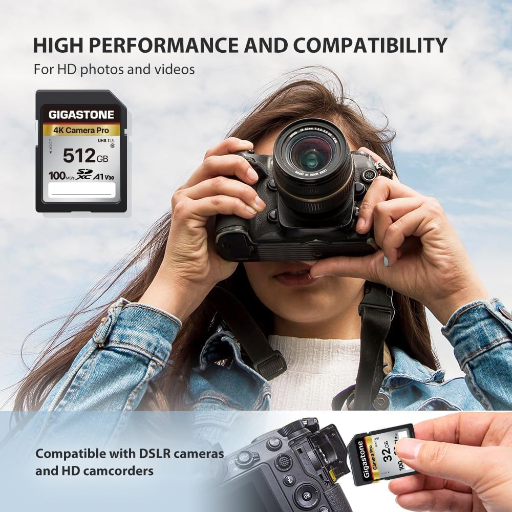 [5-Yrs Free Data Recovery] GIGASTONE 512GB SD Card with USB Type C Card Reader, 4K Camera Pro, A1 V30 U3 SDXC Memory Card Compatible with Canon Digital Camera, with 1 Mini case