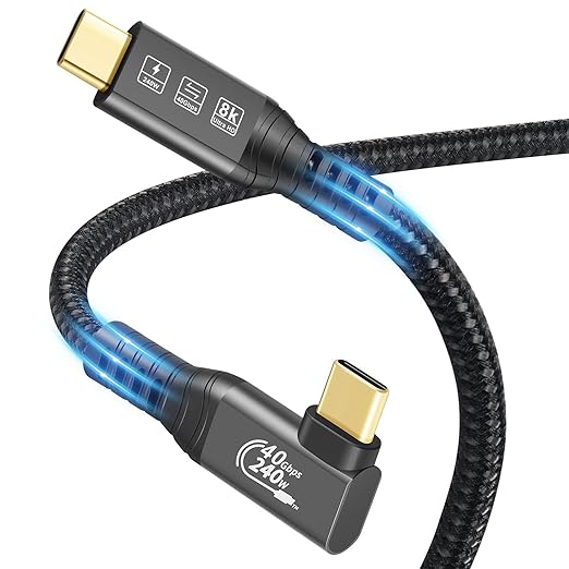 CHENLENIC USB4 Cable, with Thunderbolt 4 Cable, 240W Charging, 40 Gbps Data, 8K @ 60Hz HDR, USB C to USB C, 90Degree for Hub, Dock MacBook, M2, M3, Mac SSD (90Degree USB4 40G 240W 1M)