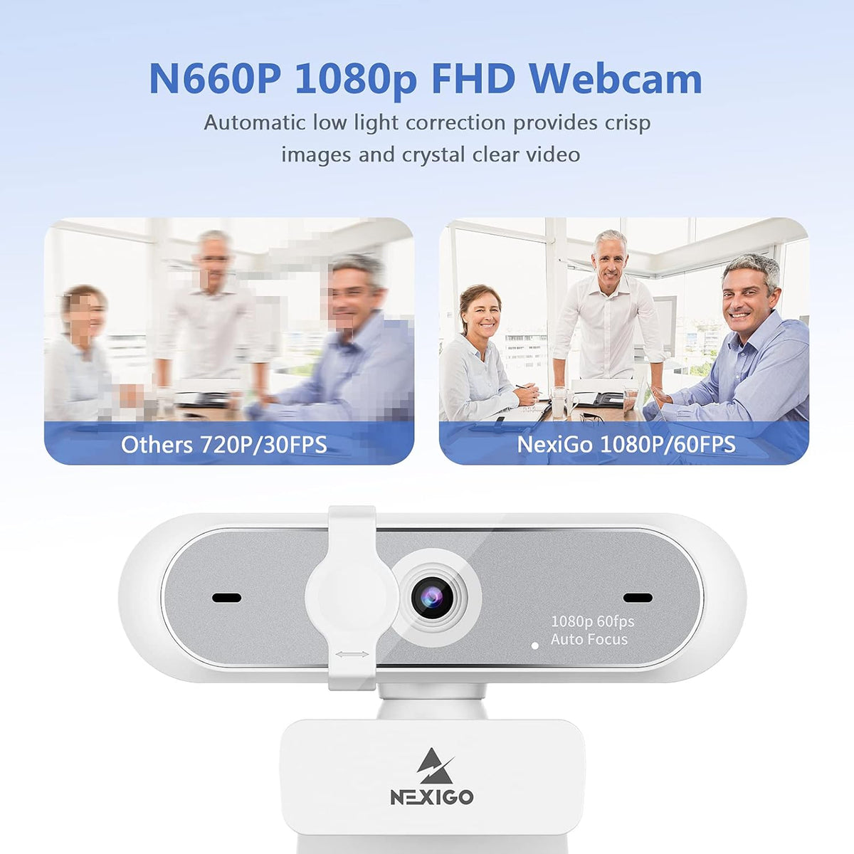 NexiGo N660P 1080P 60FPS Webcam with Software Control, Dual Microphone & Cover, Autofocus, HD USB Computer Web Camera, for OBS/Zoom/Skype/FaceTime/Teams/Twitch, White