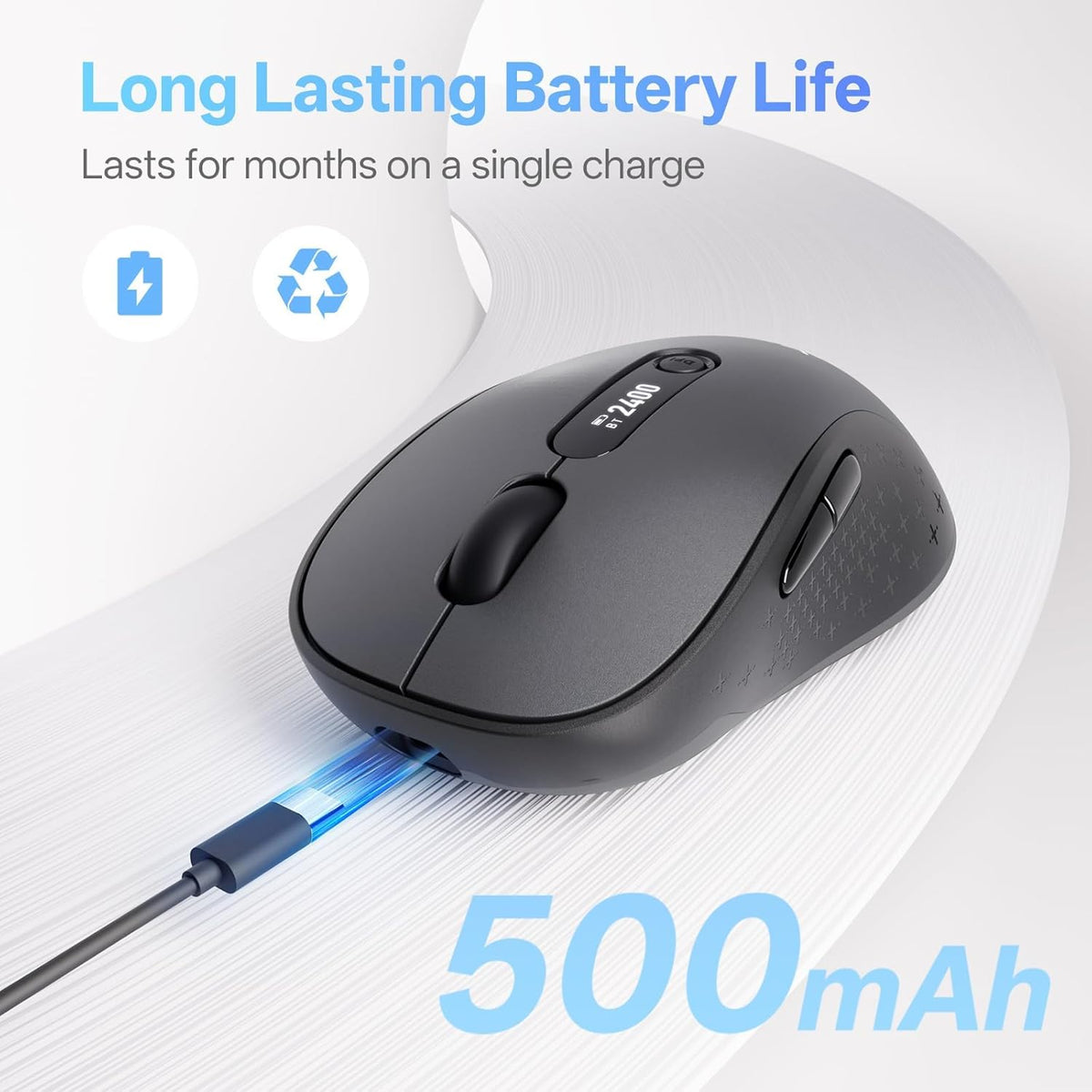 XBG B15pro Wireless Bluetooth Mouse, Bluetooth 5.0/4.0 & 2.4G Tri-Mode, Type-C Rechargeable with LED Screen Display, Ergonomic Silent Click for Laptop/PC/Tablet, Multi-Device & Office Use