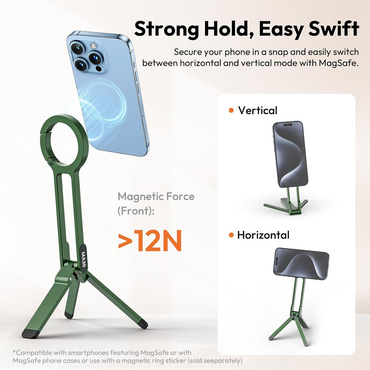 ULANZI MA30 Magnetic Phone Tripod Stand for iPhone - Aluminium Maglock Smartphone Mini Tripod Pocket Cell Phone Stand Strong Magnet Quick Mount Compatible with iPhone 16 15 14 13 12 Series, Green