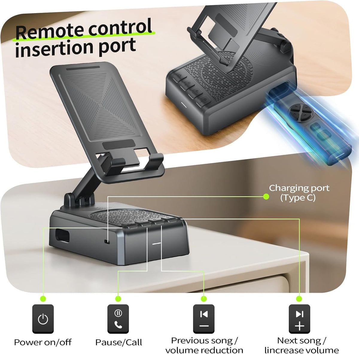 Cell Phone Stand with Bluetooth Speaker and Remote Control(Video Control/Camera Control),Birthday Gift, Portable Bluetooth Speaker for Home and Outdoors, All Day Playtime, Compatible with iOS/Android