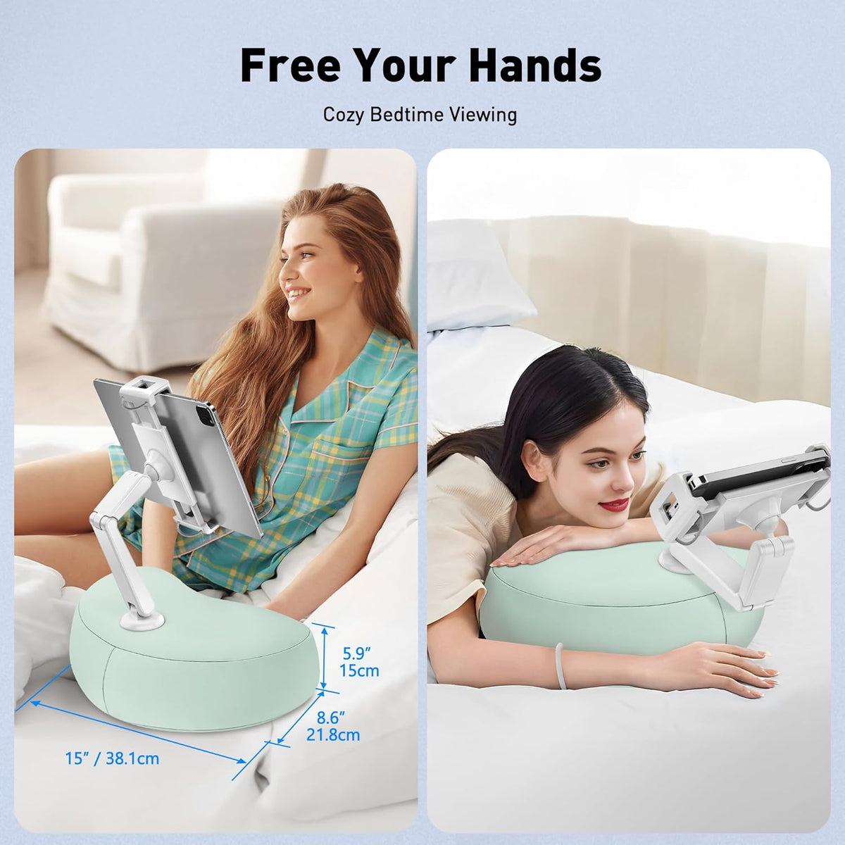 AboveTEK Tablet Pillow Stand for Bed, Hands-Free 360° Adjustable iPad Pillow Holder for Lap Reading w/Soft Bean Bag, Ideal Gift for Mom, Fits 4.7" to 12.9" Tablet, Phone, Kindle - Cyan
