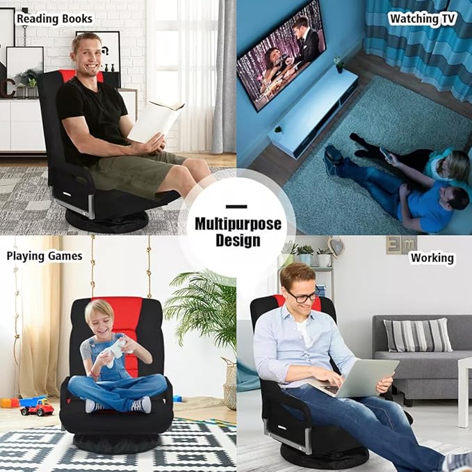 Swivel Video Rocker Gaming Chair Adjustable 7-Position Tatami Bed Lazy Sofa with Armrests Legless Bedroom Bay Window Folding Back Chair Gaming Computer Chair (Red)
