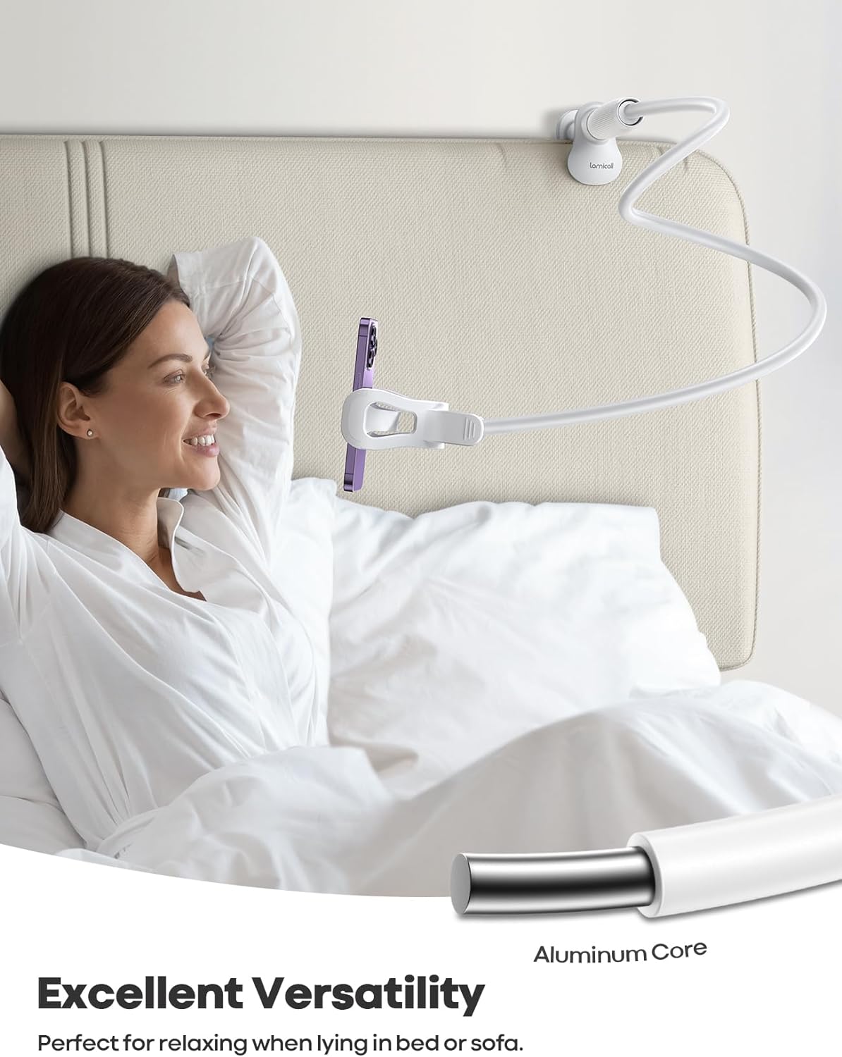 Lamicall Gooseneck Phone Holder for Bed - 360 Adjustable Clamp Clip, Overhead Cell Phone Mount Stand for Desk, Compatible with All Cellphone, White