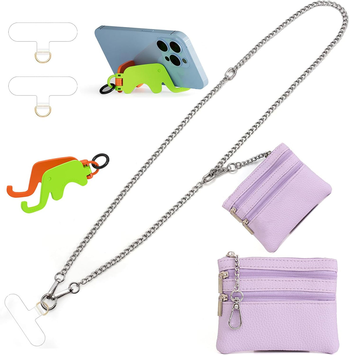Clip and Go Strap for Phone Silver Metal Chain with Purple Pouch Wallet Crossbody Phone Lanyard for Women with Cell Phone Stand Holder 2 Patches Tether Adjustable Anti Theft for iPhone 16 Pro 15 All