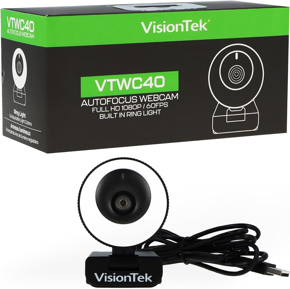 VisionTek VTWC40 Premium Autofocus Full HD 1080P 60FPS Webcam, Chromebook, Computer Video Camera, Digital Dual Microphones, Privacy Cover, 96-Degree Viewing Angle, Work, Study, & Stream (901442)