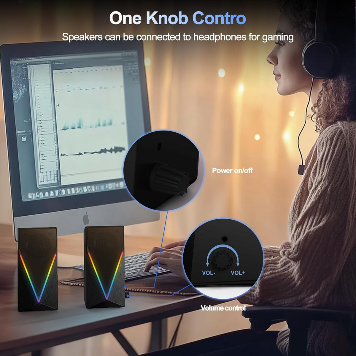 RGB Desktop Speakers with Enhanced Bass, Volume Control & 6 Colorful Lights - USB Powered & 3.5mm Aux Gaming Speakers for Laptop, PC, Tablet, Phone