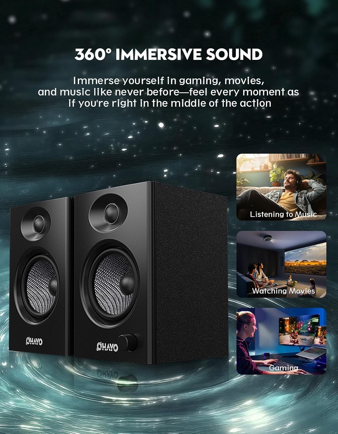 OHAYO 60W Computer Speakers for Music and Gaming, Active Bluetooth 5.3, Stereo 2.0 Speakers for Desktop PC or Laptop, 3.5mm Aux RCA Input, USB-Powered, 1 Pair, Black