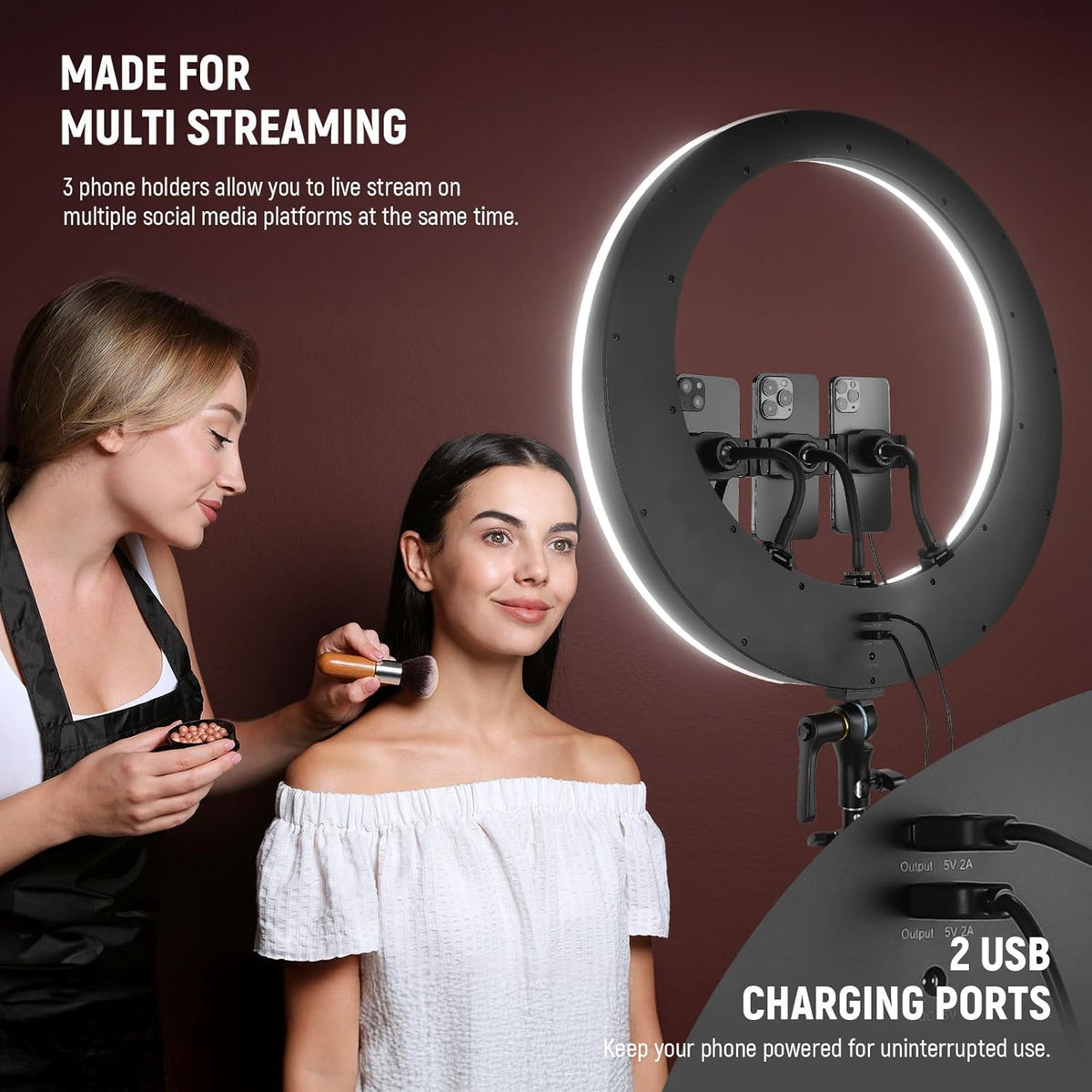 NEEWER RP19H 19" Ring Light with Tripod Stand/3 Phone Holders/Cleaning Cloth Compatible with iPhone, 2.4G Touch Control LED Ringlight for Video Recording Studio Streaming Zoom Selfie Makeup Lighting