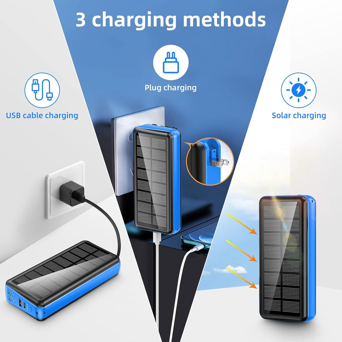 Portable Charger with Built in Cable and Wall Plug 50000mAh PD30W Fast Charging Solar Power Bank with 5 Output & 2 Input Dual LED Flashlights Phone Holder External Battery Pack (Blue)