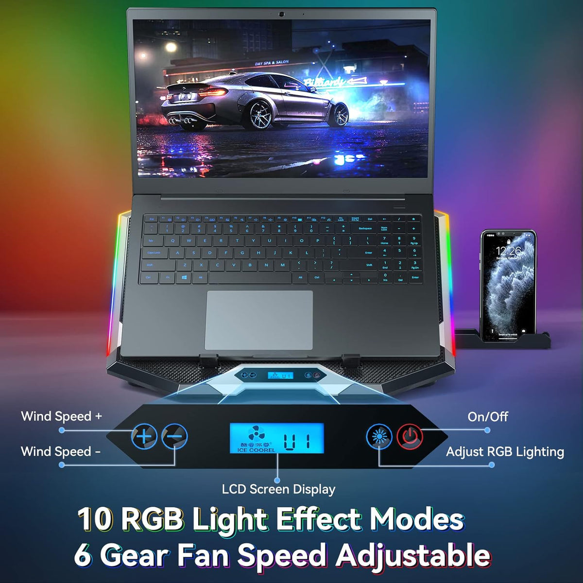 ICE COOREL Gaming Laptop Cooling Pad with 8 Cooling Fans, Laptop Fan Cooler Pad for 15-17.3 Inch, Notebook Cooler Stand with 6 Height Adjustable, RGB Cooling Pad with Two USB Port + Phone Stand