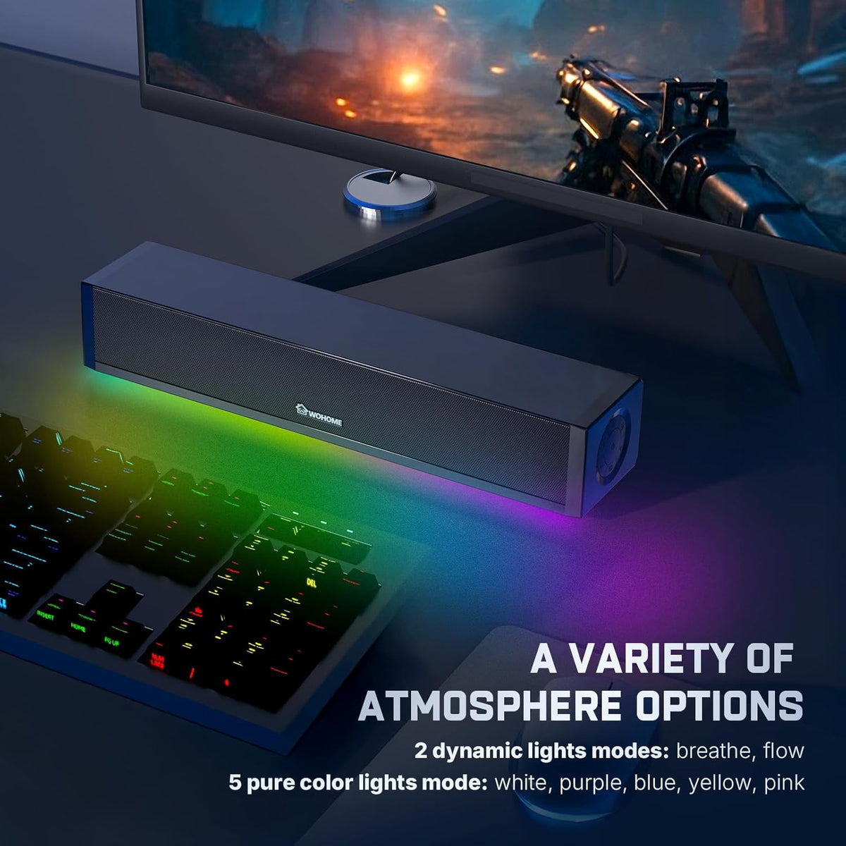 Wohome 2.1 Computer Speakers for Desktop PC, Bluetooth 5.3 PC Sound Bar with 7 RGB Light Modes, DC Powered Laptop Gaming Speakers with 3.5mm AUX-in/USB Connected for Projector, Tablet