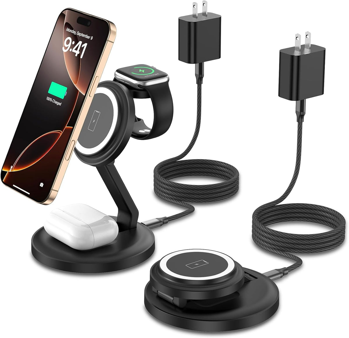 3 in 1 Foldable Wireless Charger iPhone Charging Station, 2Pack Magnetic Stand Wireless Charger Dock for Apple Multple Devices, with PD Adapter and USB C Cable for iPhone, iWatch & Airpods All Series
