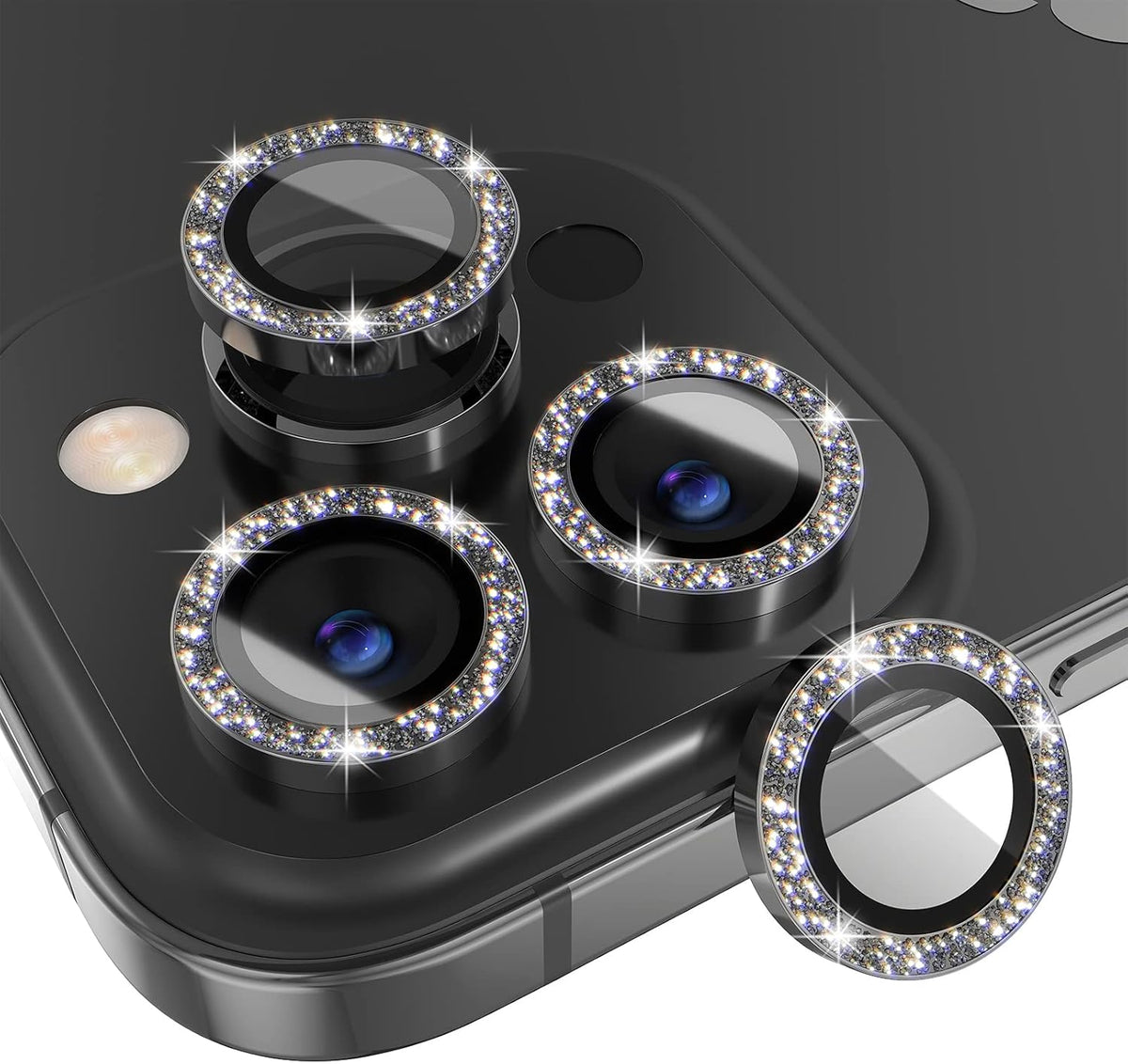 Choiche [3+1 for iPhone 14 Pro/iPhone 14 Pro Max Camera Lens Protector Bling, 9H Tempered Glass Camera Cover Screen Protector Metal Ring Decoration Accessories (Glitter-Black)