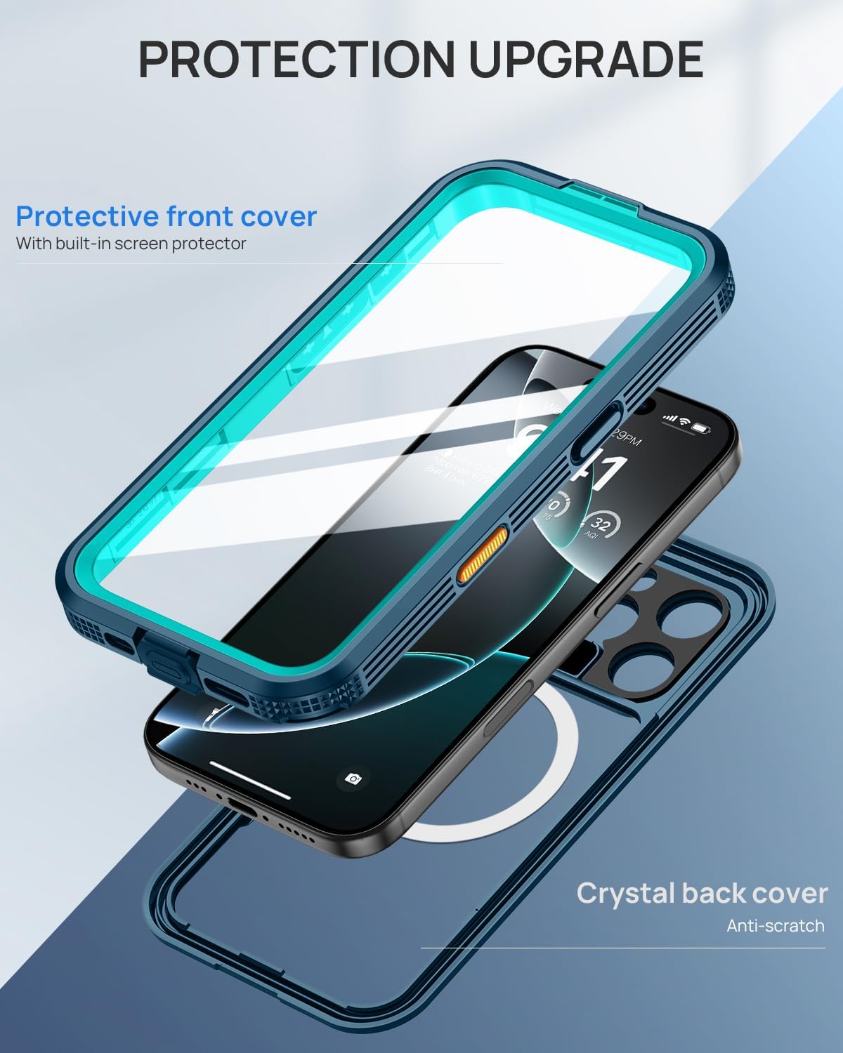 Lanhiem Magnetic for iPhone 16 Pro Max Case, IP68 Waterproof Dustproof Case, [Compatible with Magsafe] [Built-in Screen Protector] Full Body Heavy Duty Rugged Phone Cover 6.9 inch, Blue/Clear