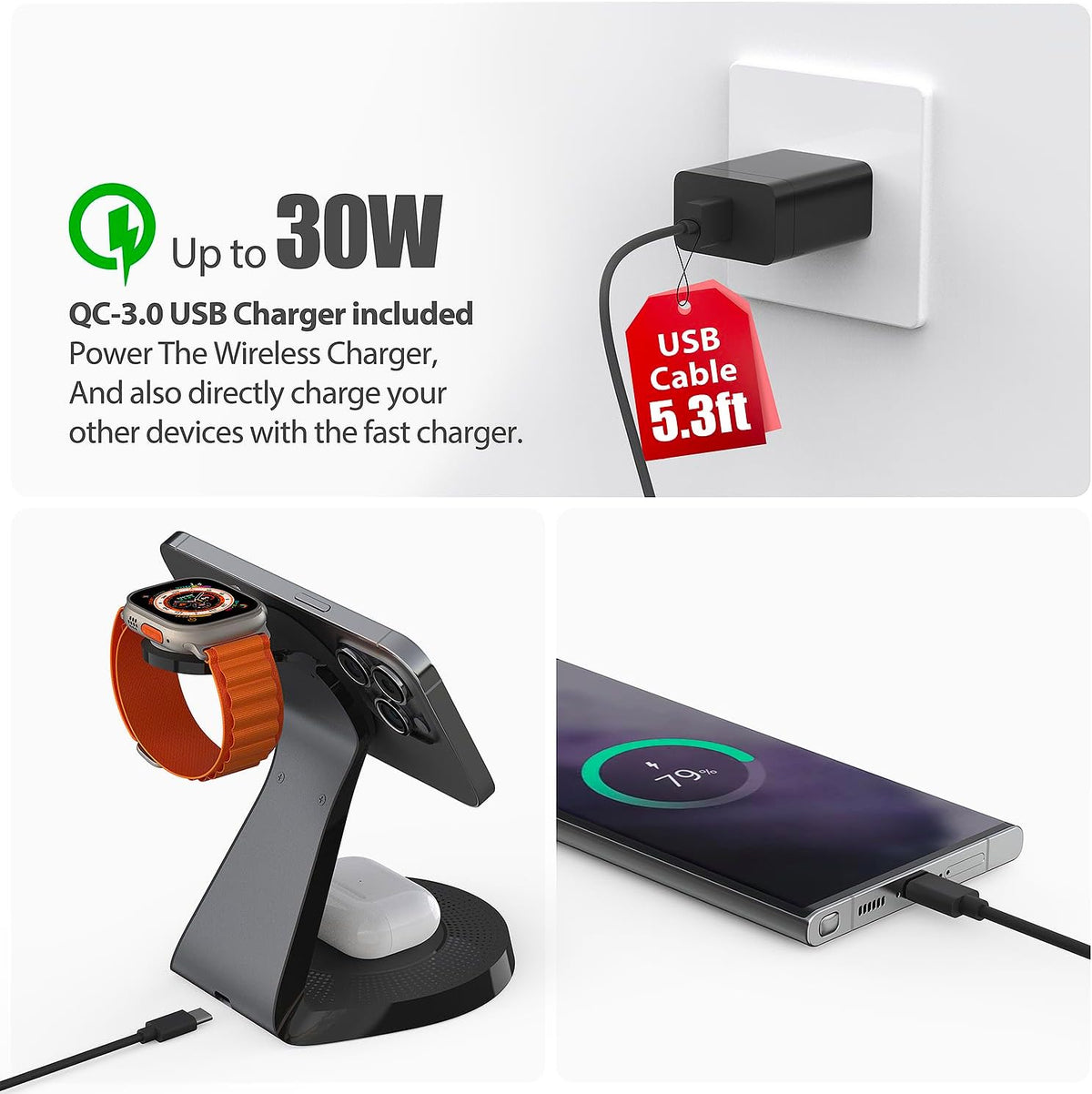 3 in 1 Charging Station for Apple Devices,Mag-Safe Charger Stand Fast Charging,Wireless Charger for iPhone 16/15/14/13/12 Series,& AirPods,& iWatch(USB-C Charger Included)