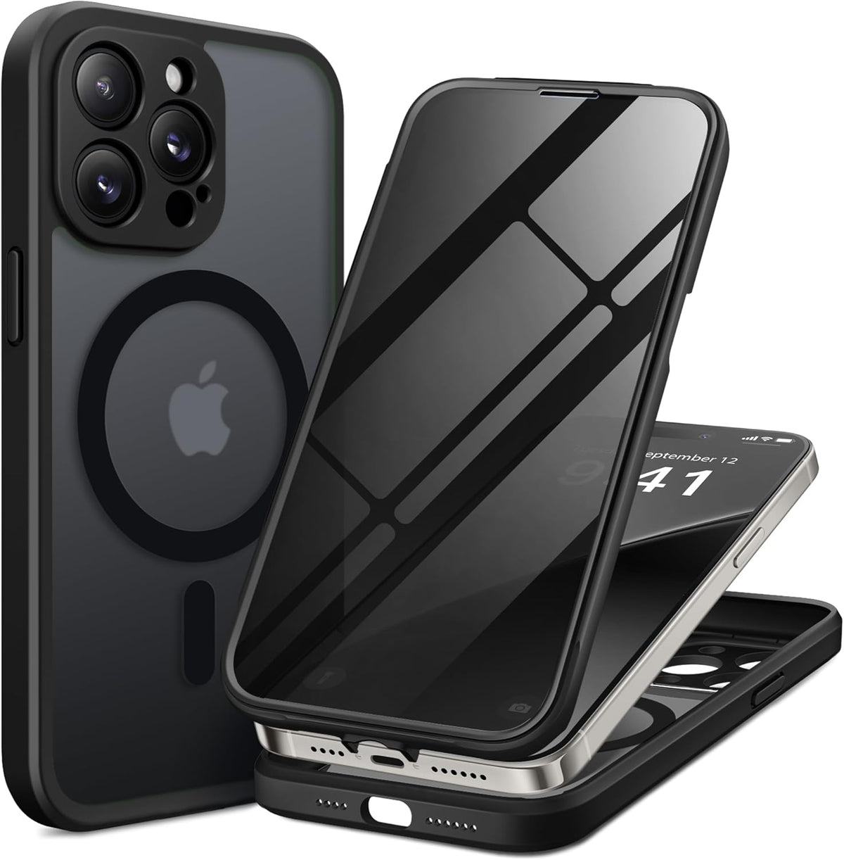 BERFY Magnetic for iPhone 14 Pro Max Case, Compatible with MagSafe,Built-in Privacy Screen Protector and Upgraded Camera Protection,Anti-Spy Full Body Shockproof Phone Case for 14 Pro Max,Matte Black