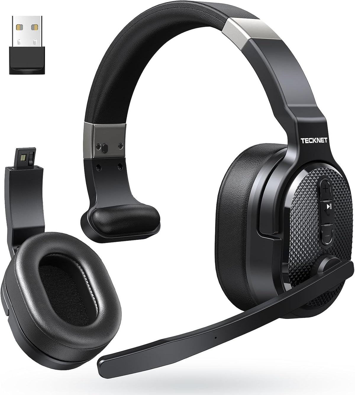 TECKNET Bluetooth Trucker Headset, Single and Dual Ear Wireless Headset with Mic for Work Noise Cancelling, 50Hrs 3 EQ Music Modes Trucker Bluetooth Headphones for PC, Drivers, Office, Call Center