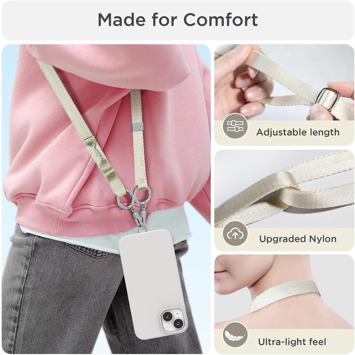 Phone Lanyard 2 in 1, Anti Theft Phone Strap Crossbody for Women Men, Adjustable Phone Wrist Strap with 2 Pack Tether Tabs
